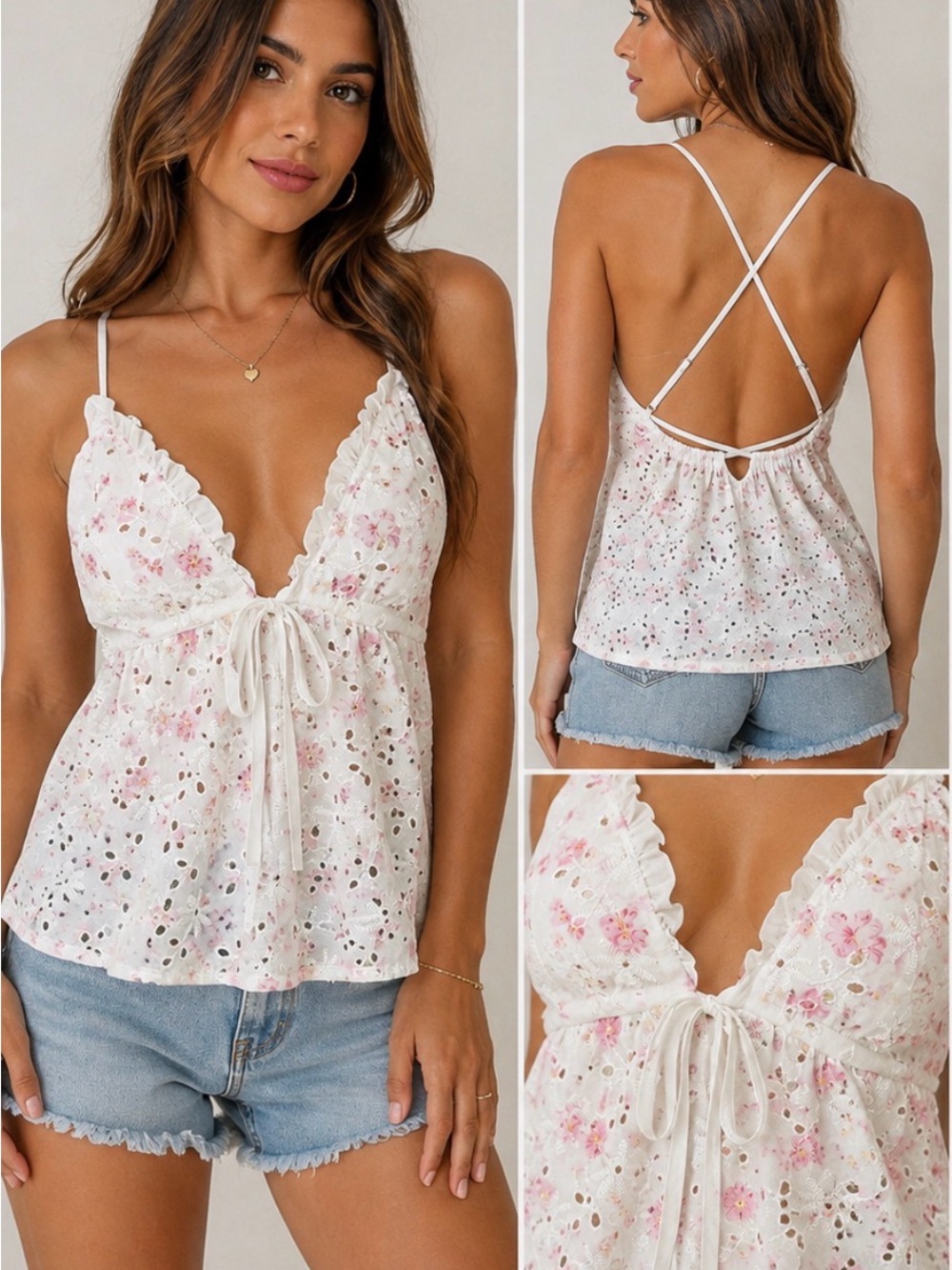 SHEIN Floral Eyelet Cami Top – Size Small 🌸🤍